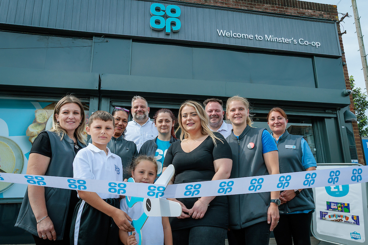 Pictured are Harry & Dixie Batt from Minster in Sheppey Primary School cutting the ribbon with colleagues. Pictured are Alfie Batt (Store Manager) Sharron Benn Sinclair, Mark Shadwell, Chr